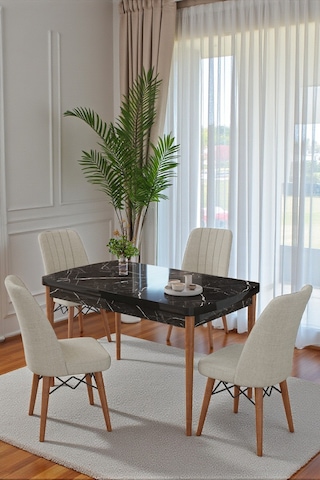70x110 Cm Mutfak Masası Takımı 4 Kişilik Sabit Masa Sandalye Takımı Siyah Mermer Masa - Krem Siyah - Krem