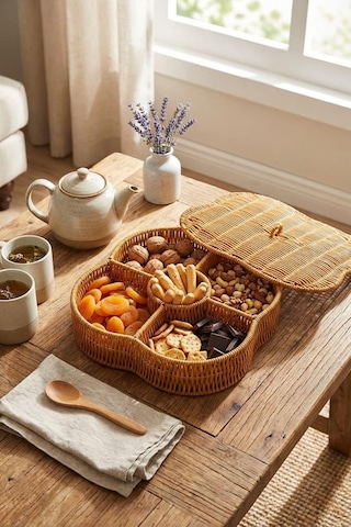 Kapaklı 5 Bölmeli Plastik Rattan Organizer Kutu Hasır Desenli Çok Amaçlı Saklama Ve Sunum Çok Renkli