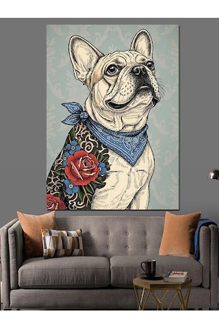 Ahşap Tablo Bandanalı Fransız Bulldog Portresi