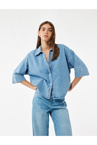Koton Oversize V Yaka Pamuklu Yarım Kollu Jean Gömlek Açık İndigo 7wal60001md