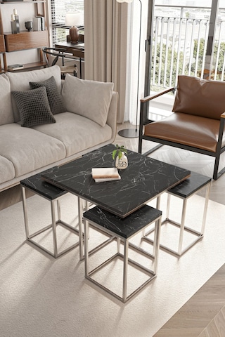 Lizbon 4+1 Kare Sehpa Takımı Gümüş Metal - Siyah Mermer Tabla Gümüş - Siyah Mermer