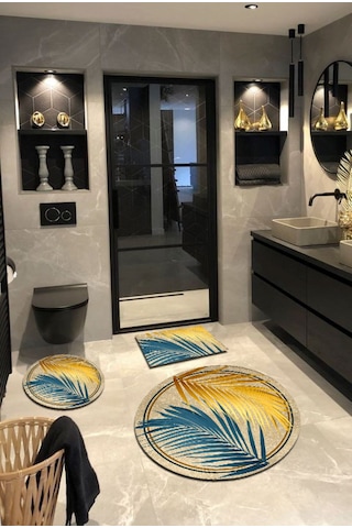 Hardal Mavi, Kaymaz, Pamuk Dokuma Taban Banyo Halısı-100X100 - 60X60 - 40X60 Cm (3'Lü Set) Çok Renkli