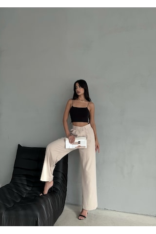 Kadın Cırt Kapama Bol Paça Palazzo Pantolon Bej