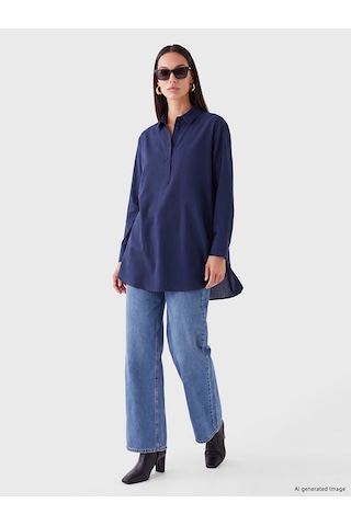 LC Waikiki Lc Waıkıkı Lacivert Oversize Poplin Kadın Gömlek Tunik