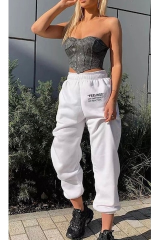 Eşofman Altı - Beyaz Baskılı Lastik Paça Yüksek Bel Lastik Bel Beyaz