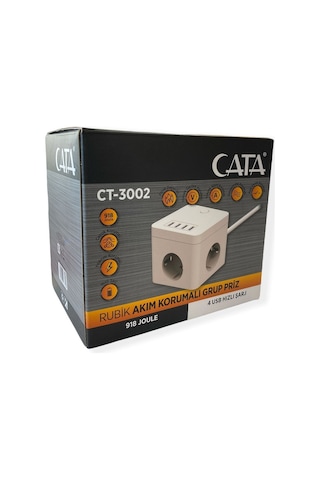 Cata CT-3002 Rubik 3'lü Akım Korumalı 4xUsb Girişli Grup Priz Beyaz