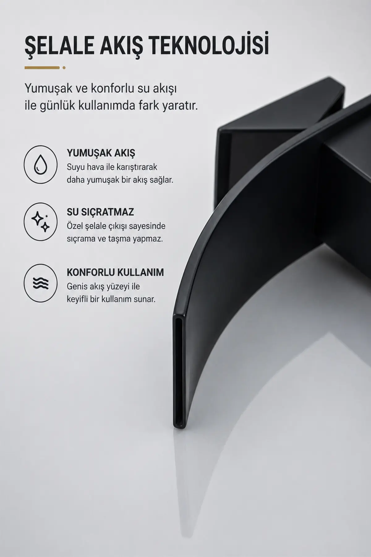 Siyah Şelale Lavabo Bataryası Mat Siyah Kare Banyo Lavabo Musluğu Paslanmaz Gövde Tek Kollu Sıcak Soğuk Batarya