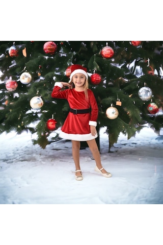 Yeni Sezon Yılbaşı Elbise Kukuleta Kemer 3 Parçalı Takım Noel Elbise Kırmızı Kadife Kırmızı