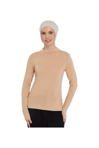 Kadın Organik Uzun Kollu Balıkçı Yakalı Body Koyu Bej