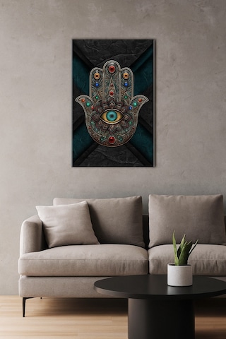 Hamsa El Ve Nazar Göz Tasarımlı Dekoratif Cam Tablo