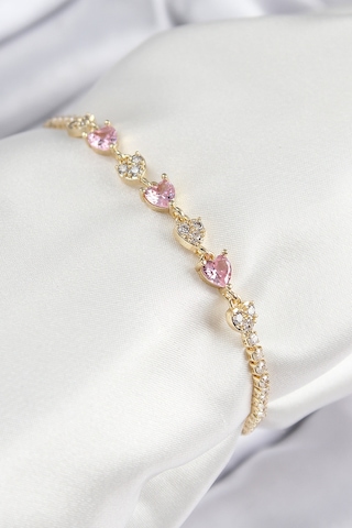 Pirinç Zirkon Taşlı Pembe Kalp Model Gold Renk Kadın Bileklik - Tj-bb7699 Diğer