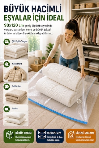 Ultra Boy Vakumlu Hurç 90x120 Cm 1 Adet Çift Kilitli Vakum Poşeti Yorgan Battaniye Saklama Çuvalı Şeffaf