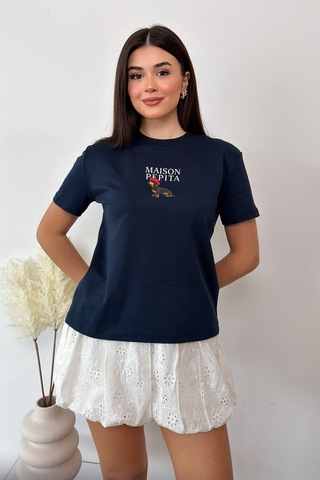 Giysa Kadın Bisiklet Yaka Maison Köpek Baskılı T-shirt Lacivert - 26y 4444