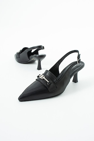 Dericia Shoes Infinity Hakiki Deri Kadın İnce Topuklu Arka Açık Ayakkabı Siyah