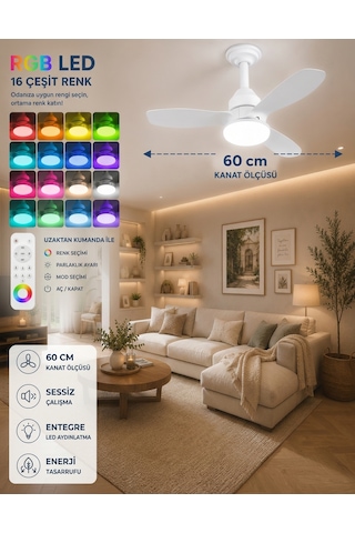 German New White Super Fan 60 Cm Kalın Kanat Dim Ayarlı Tavan Vantilatörü Rgb Led 16 Renk Sessiz Sinek Kovar