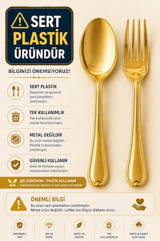 25'li Set Altın Plastik Çatal Kaşık Seti Kullan At Parti Davet Şık Sunum 50 Parça Sert Plastik Paketli