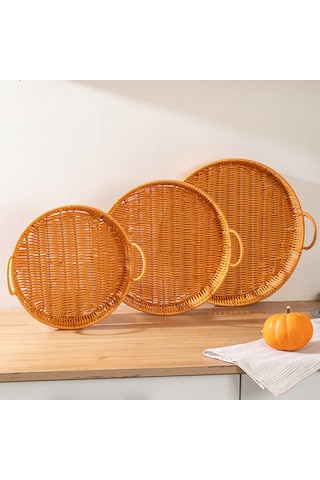 Porsima 710-d Yuvarlak 3'lü Hasır Tepsi Dekoratif Sunum Tepsisi