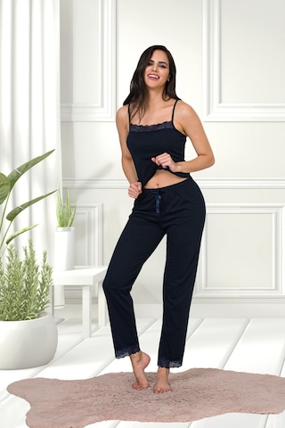 Lacivert Renkli Pamuklu Likralı Askılı Dantel Detaylı Pijama Takımı 28455 Lacivert