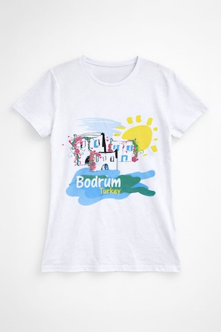 Markapia Kadın Bisiklet Yaka Pamuk Renkli Bodrum Baskılı T-shirt Beyaz