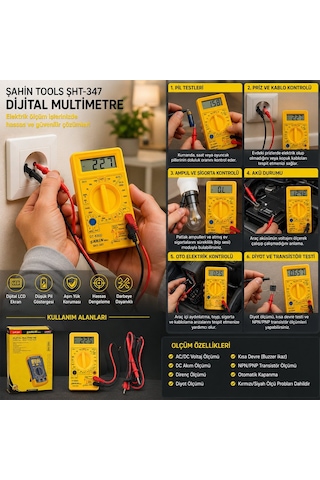 Şahin Tools Şht-347 Dijital Multimetre - Ac/dc Voltaj, Dc Akım, Direnç, Diyot Ve Npn/pnp Ölçümü