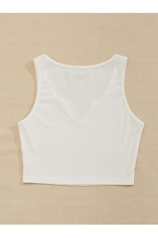 Liona V Yaka Beyaz Renk Fitilli Crop Top Bluz