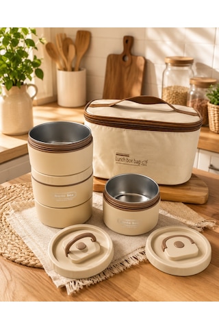 Favora 4'lü Çelik Termoslu Lunch Box Yemek Kabı Seti Bej