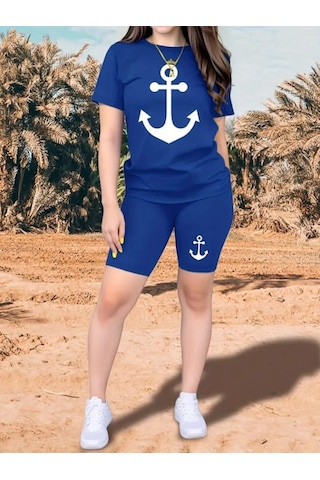 Gülsüm Aydın Kadın Kısa Kollu Çapa Baskılı Viskon Ikili Takım Saks Mavi