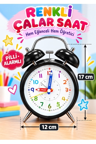 Eğitici Ve Eğlenceli Renkli Çalar Saat Pilli, Metal Gövdeli Çocuk Saati Siyah