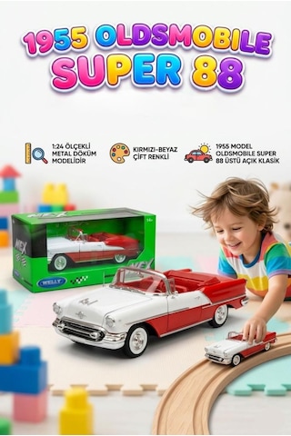 Welly 1:24 Ölçekli Lisanslı Orjinal 1955 Oldsmobile Super 88 Kapıları Açılabilir Model Oyuncak Araba