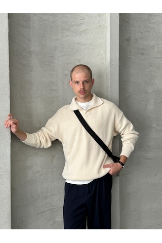 Erkek Polo Yaka Örme Oversize Kazak Krem