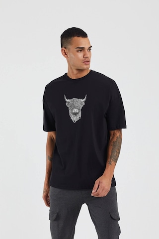 Thewert Unisex İskoç Sığır Baskılı Siyah Oversize Tshirt