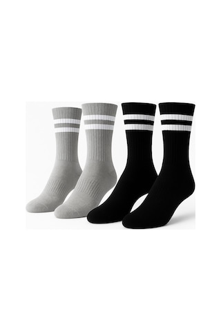 Erkek Spor Çorap 2 Lü Set Pamuklu, Esnek, Çizgili Model Siyah Gri Gri - Siyah