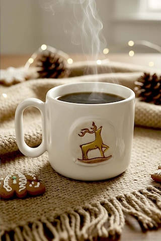 Rivaistanbul Geyik Amore 24 K Altın Süslemeli El Yapımı Yılbaşı Hediyesi Seramik Double Kahve Fincanı, Mug, Kupa Beyaz