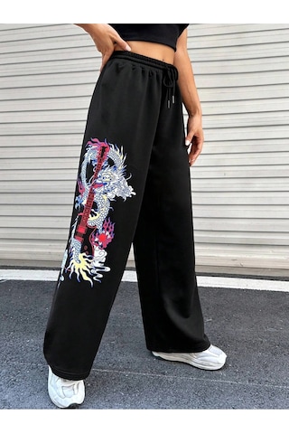 Coolane Dragon & Guitar Print Drawstring Waist 4 Mevsim Eşofman Siyah