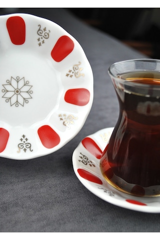 Qualitev 6 Adet Porselen Acem Çay Tabağı Klasik Model Kırmızı Çay Tabak 10 Cm Kırmızı