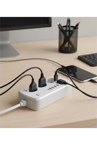 Akım Korumalı Priz Ve Masaüstü Şarj İstasyonu Kablosuz 3 Priz ,4 Usb, 2 Type-c Girişli 2 Metre 0-2