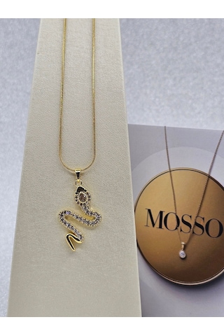 Yılan Model Gold Renk Zirkon Taşlı Çelik Kolye Altın