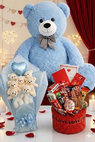 3 Lü Sevgililer Günü Hediye Seti 90 Cm Peluş Ayı, Love Çikolata Sepeti & Mavi Peluş Ayıcık Buketi