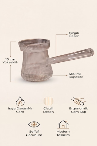 Isıya Dayanıklı Cam Cezve Çizgili 400 Ml, 10 Cm Yükseklik, Cam Türk Kahvesi Cezvesi