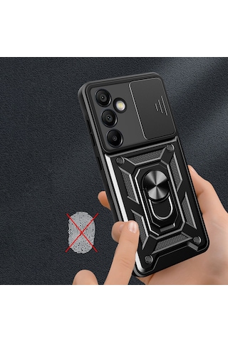 Galaxy S24 Fe Uyumlu Magnetik Standlı Kamera Korumalı Zore Sürgülü Vega Kapak-siyah Siyah