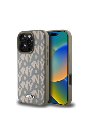 Apple Uyumlu iPhone 16 Pro Kılıf Dkny Lisanslı M-safe Şarj Özellikli 3d Yazılı Grid Pattern Kapak Gri