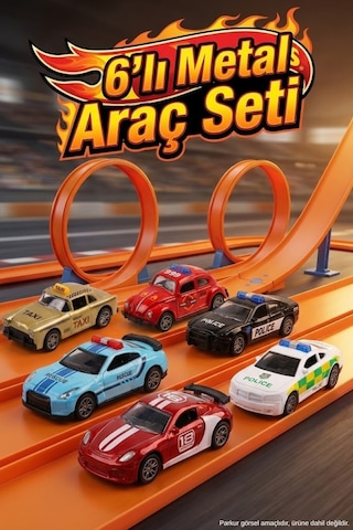 6'lı Metal Çek Bırak Oyuncak Araba Seti - Dayanıklı Diecast Gövde - Polis Taksi Araçları 8 Cm