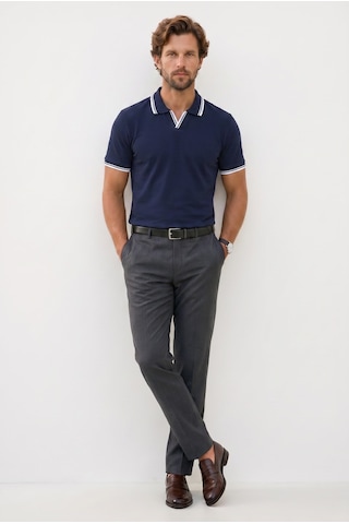 Tudors Erkek Slim Fit Dar Kesim %100 Pamuklu Çizgili Detaylı V Yaka Lacivert Polo Yaka Tişört-51596