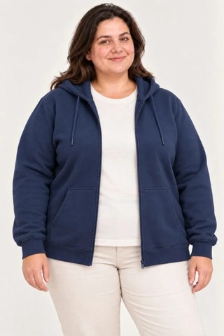 Suma Battal Büyük Beden Üç İplik İçi Şardonlu Kapüşonlu Tam Fermuarlı Kışlık Sweatshirt - Lacivert