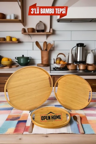 3'lü Bambu Oval Tepsi, Servis Tepsileri, Iskandinav Tepsi Seti, Çay Tepsisiı