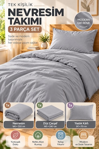 Gri Tek Kişilik Nevresim Takımı 3 Parça Düz Renk 160x220 Nevresim Çarşaf Yastık Kılıfı Sade Tasarım