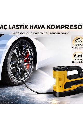 Araç Lastik Hava Kompresörü 150 Psı 12v Çakmaklık Girişli Taşınabilir Dijital Göstergeli Led Işıklı Hava Pompası Sarı