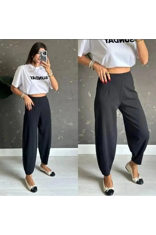 Sinemonline Kadın Krep Kumaş Balon Pantolon Siyah