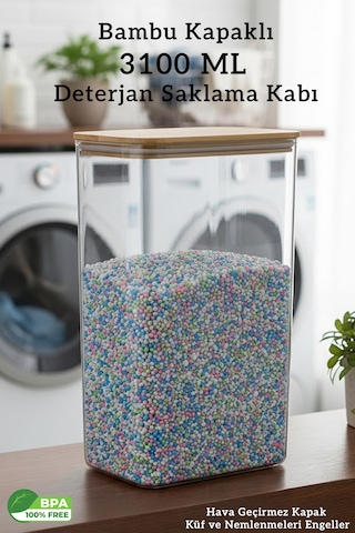 Bambu Kapak Deterjan Saklama Kabı 3.1 Litre Hava Geçirmez Nem Önler - 3100 Ml Şeffaf