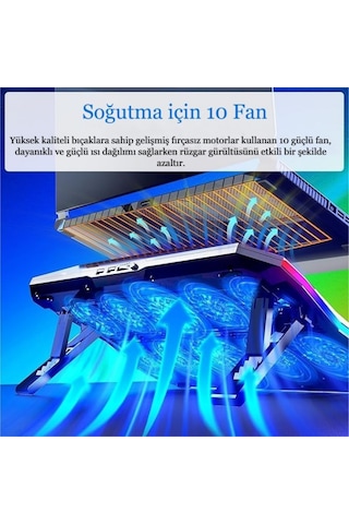 Rgb Işıklı 10 Fanlı Lcd Ekranlı Notebook Laptop Soğutucu Yükseklik Ayarlı 9-17 İnç 2 Usb Girişli Soğutucu